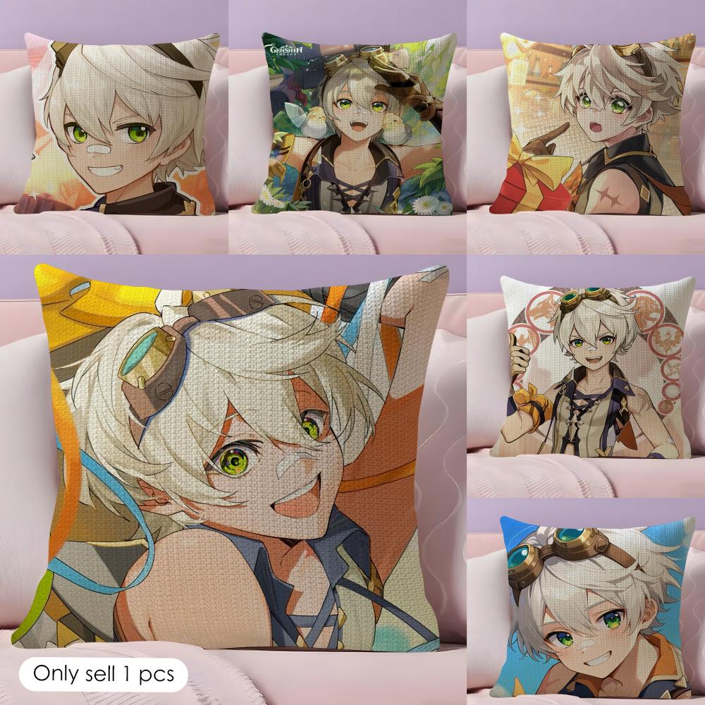 Bennett Genshin Impact Cute Cushion Cover Natural Linen Organic Fabric Double-Sided Printing Sofa Home Decor Gift Pillow Case