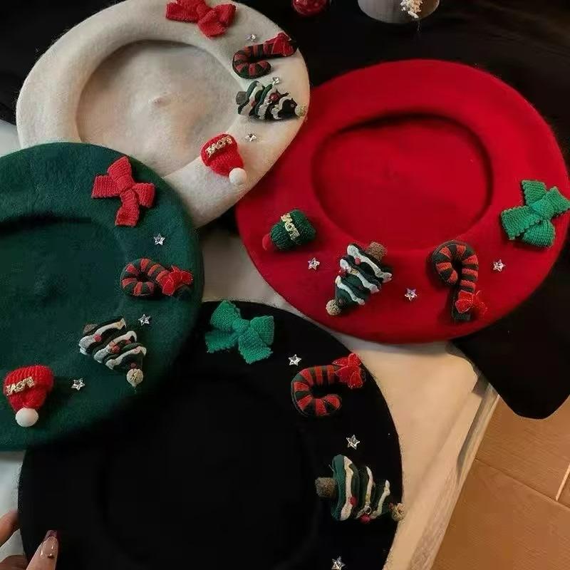 Poinsettia Red Bow Beret for Women, Korean Style Wool Painter Hat, Sweet Festive Photo Accessory That Brightens Your Look