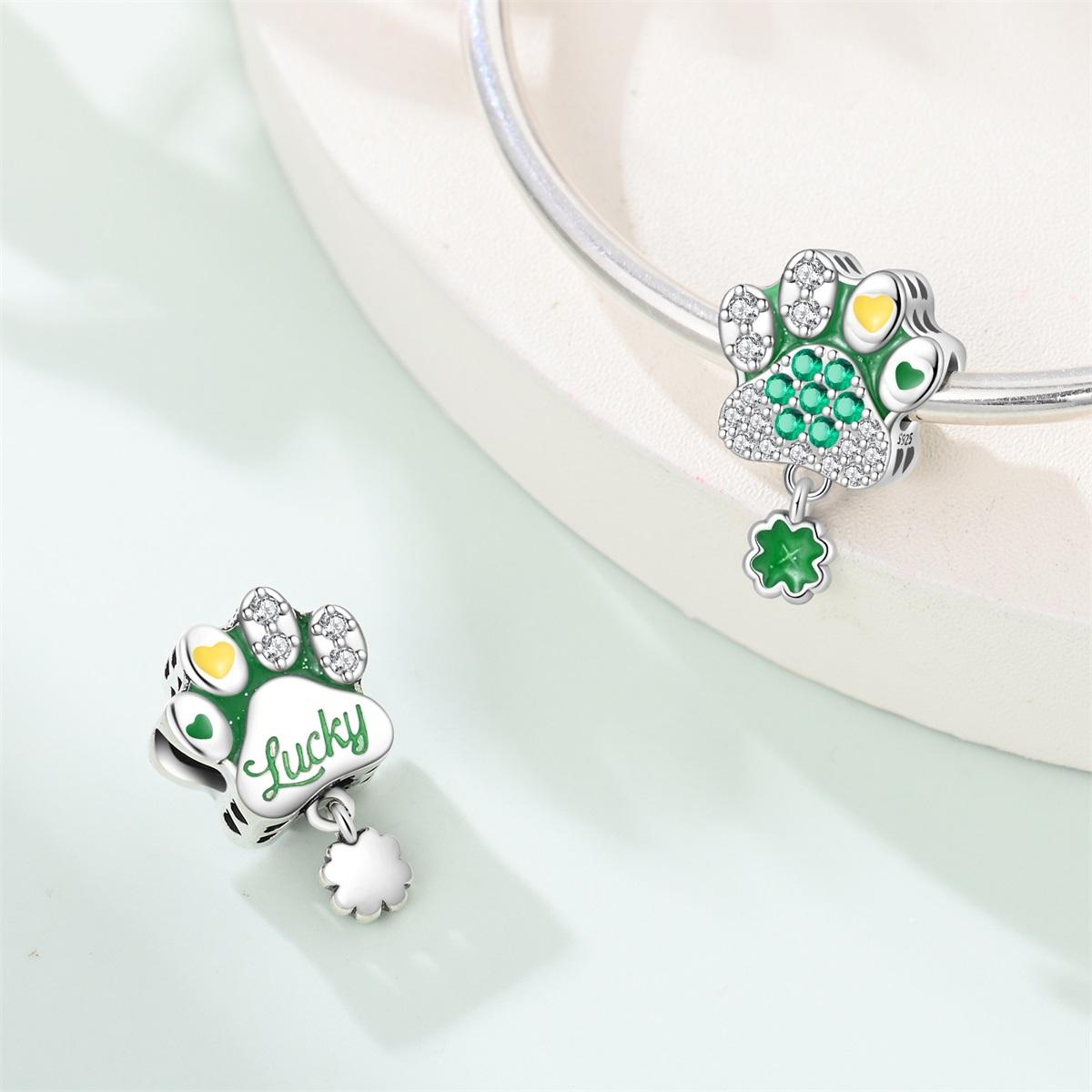925 Silver Green Cat Paw Beads Luck Animal Pendant Beads Fit Bracelet Charm Jewelry Making Fine Gift Diy Accessory