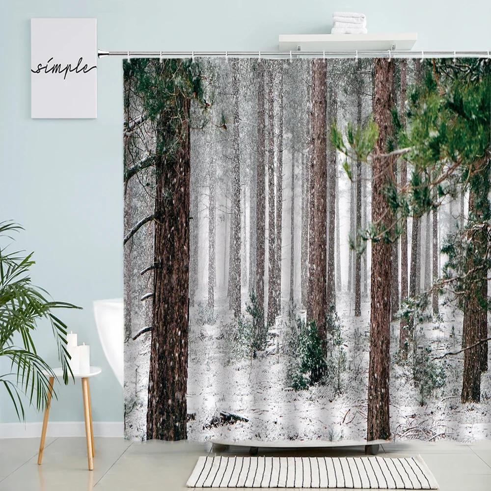 Winter Forest Scenery Shower Curtain Trees Snow Arched Doors Windows Natural Scenery Bathroom Decor With Hook Waterproof Screen