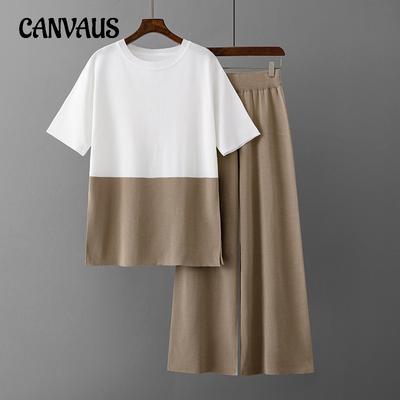 Damen Sommer T-Shirt Casual Fashion Anzug Locker Dünn Farbblockierung Übergröße Kurzarm Oberteil Weite Beinhose Zweiteiliges Set