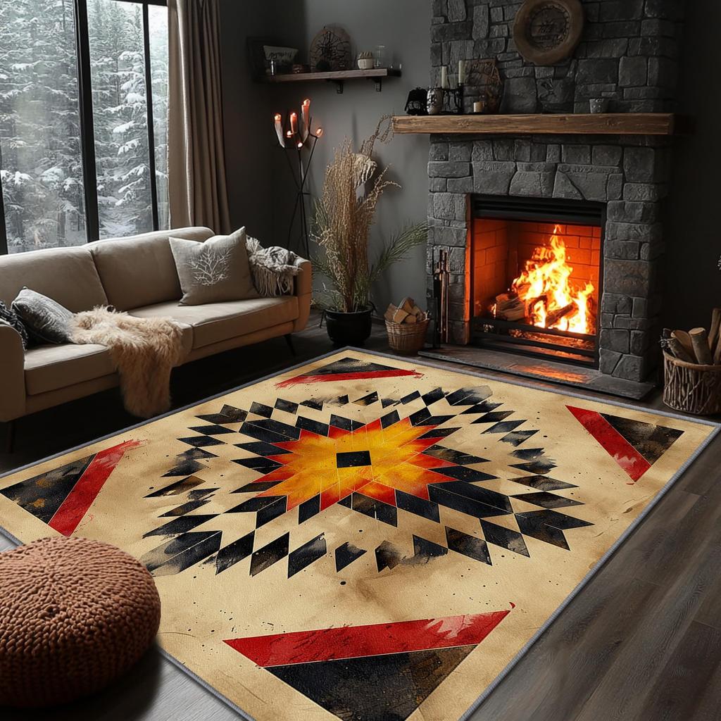 Southwestern Aztec Star Print Area Rug, Turquoise & Orange Tribal Design Non-Slip Floor Mat for Living Room Bedroom Home Decor