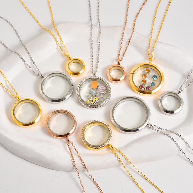 1Pc Stainless Steel Openable Glass Medaillon Coin Holder Collar Jewelry Round Reliquary Photo Floating Locket Pendant Necklaces