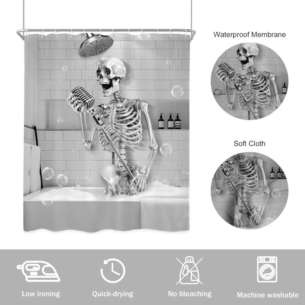 Funny Skull Singing In Bathtub Printed Shower Curtain Rustic Gothic Skeleton For Bathroom Decor