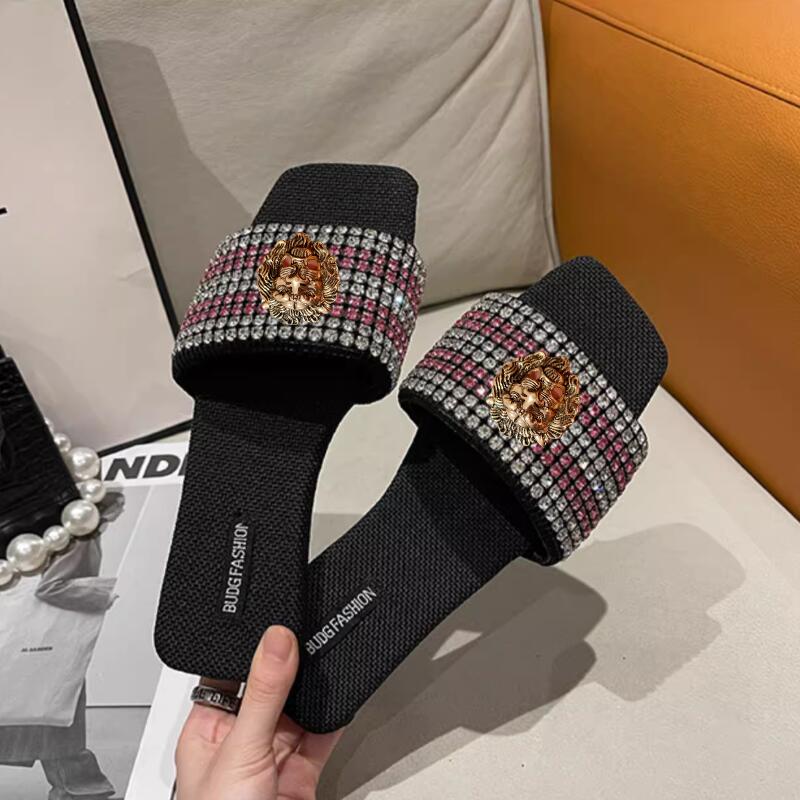 Luxury diamond slippers women wear summer new fa shion flat bottom net red rhinestone flip-flops fashio slipper sandle T21