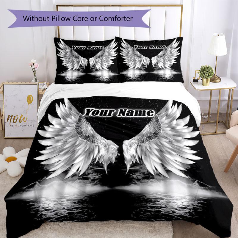 3PC Custom Name Angel Wings Bedding Set Duvet Cover Closure Includes 1 Duvet Cover & 2 Pillowcases for Bedroom