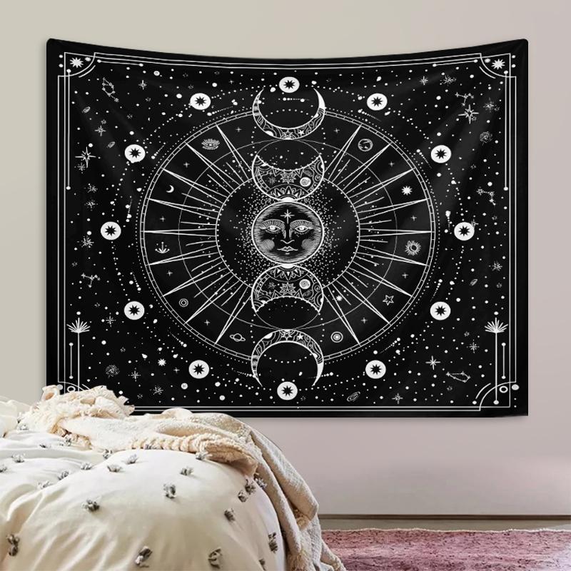 1pc Vibrant psychedelic sun and moon tapestry, used for bedroom decoration with black and white mandala pattern wall hanging