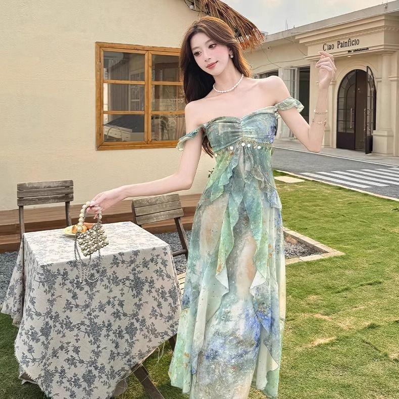 French fashion dress women's summer atmosphere drape thin suspender skirt design printed chiffon skirt
