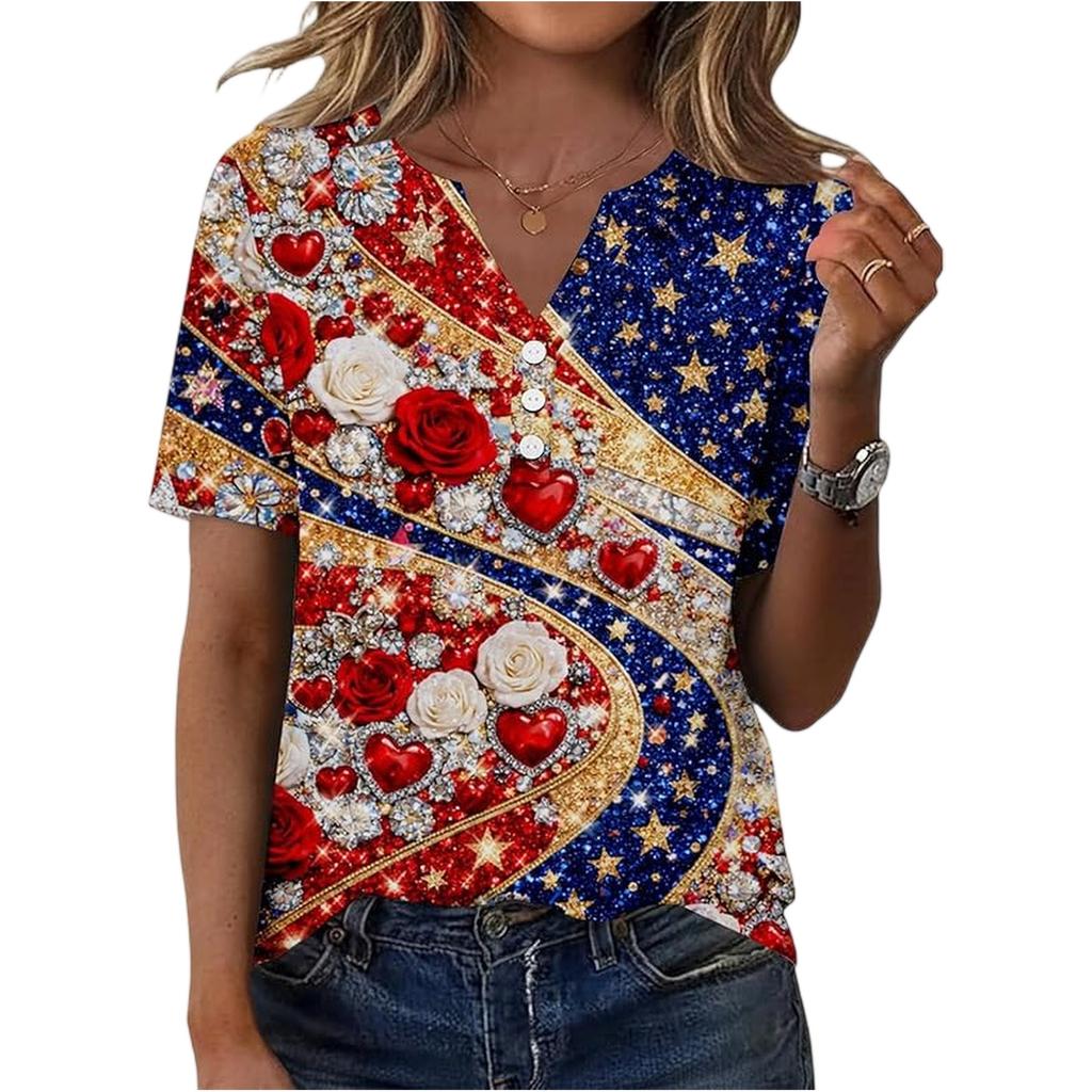 Women’s Short Sleeve Henley Neck T Shirt with Flag and Floral Print Button Casual Loose Fit Top