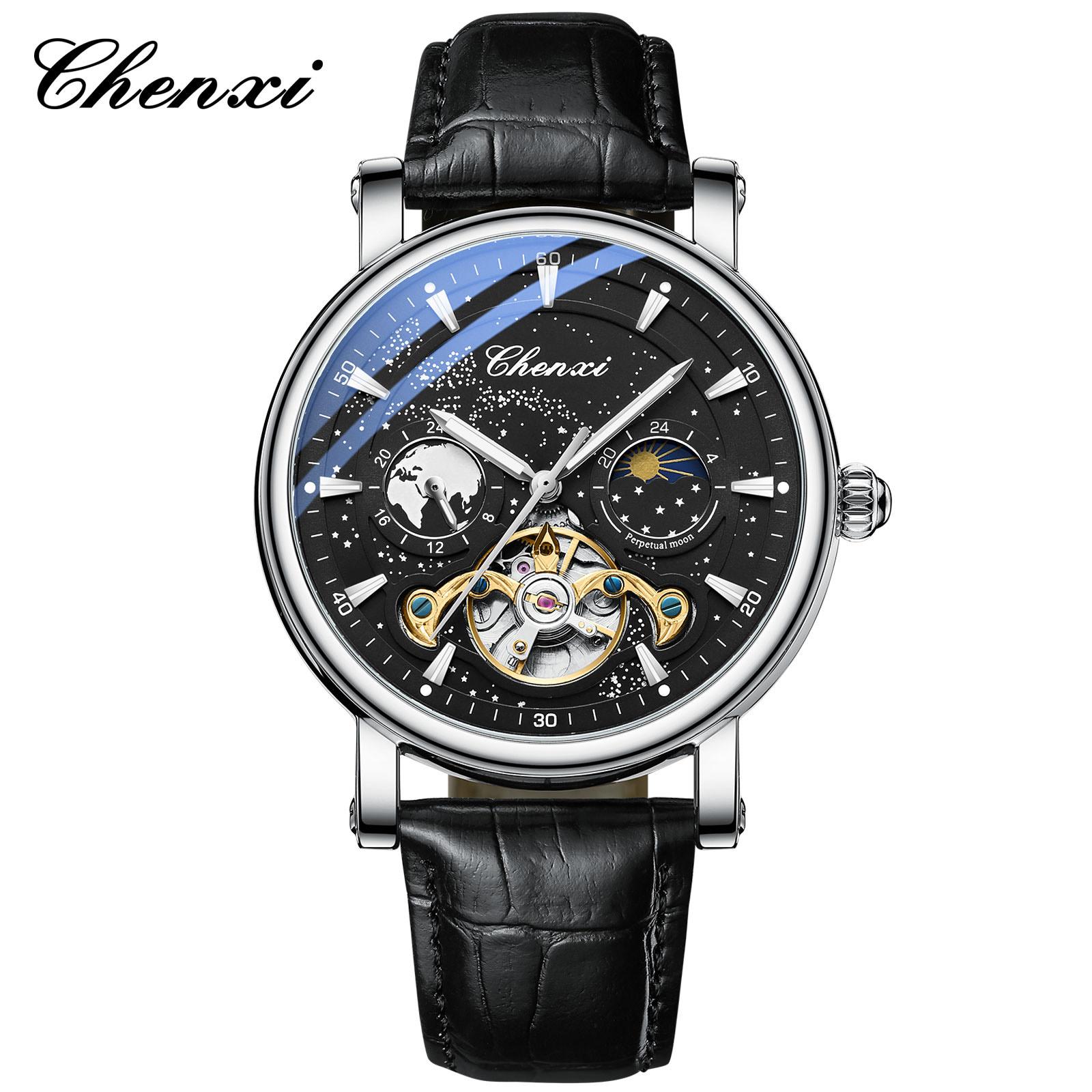 

Chenxi Automatic Mechanical Starry Sky Dial Wristwatches For Men Fashion Moon Phase Skeleton Watches