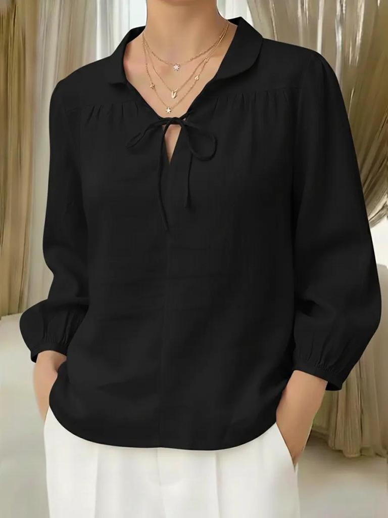 Spring/Summer 2026 Women's Lace Peter Pan Collar Tie-up Top with Lantern Sleeves and Loose Fit