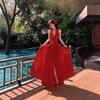 Vintage Red Skin-brightening Halter Neck Backless Long Dress, Seaside Vacation Travel Vibe, Chiffon Long Dress