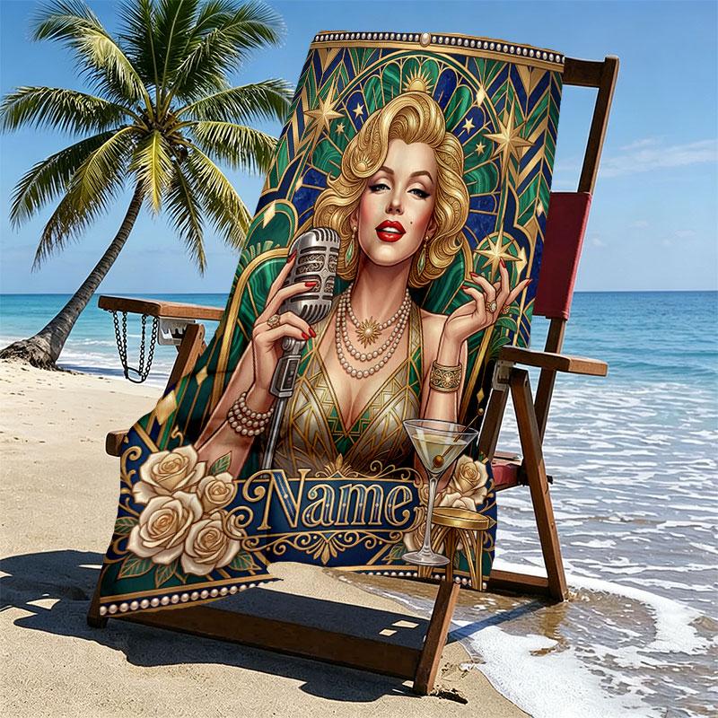 Custom Name Personalized Marilyn Monroe Print Beach Towel, for Trip Camping Beach Party Home Decor, Birthday Gift for Family & Friends