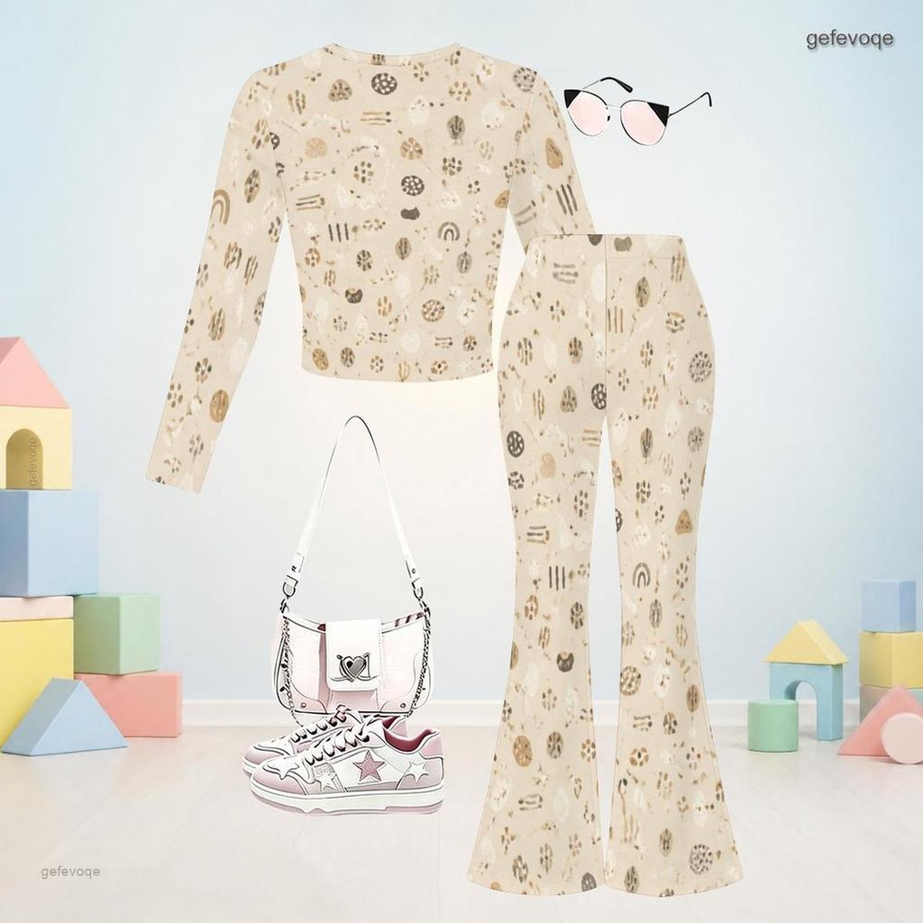 Girls Geometric Printed Round Neck Long Sleeve Crop Top And Flared Pants Two Piece Set