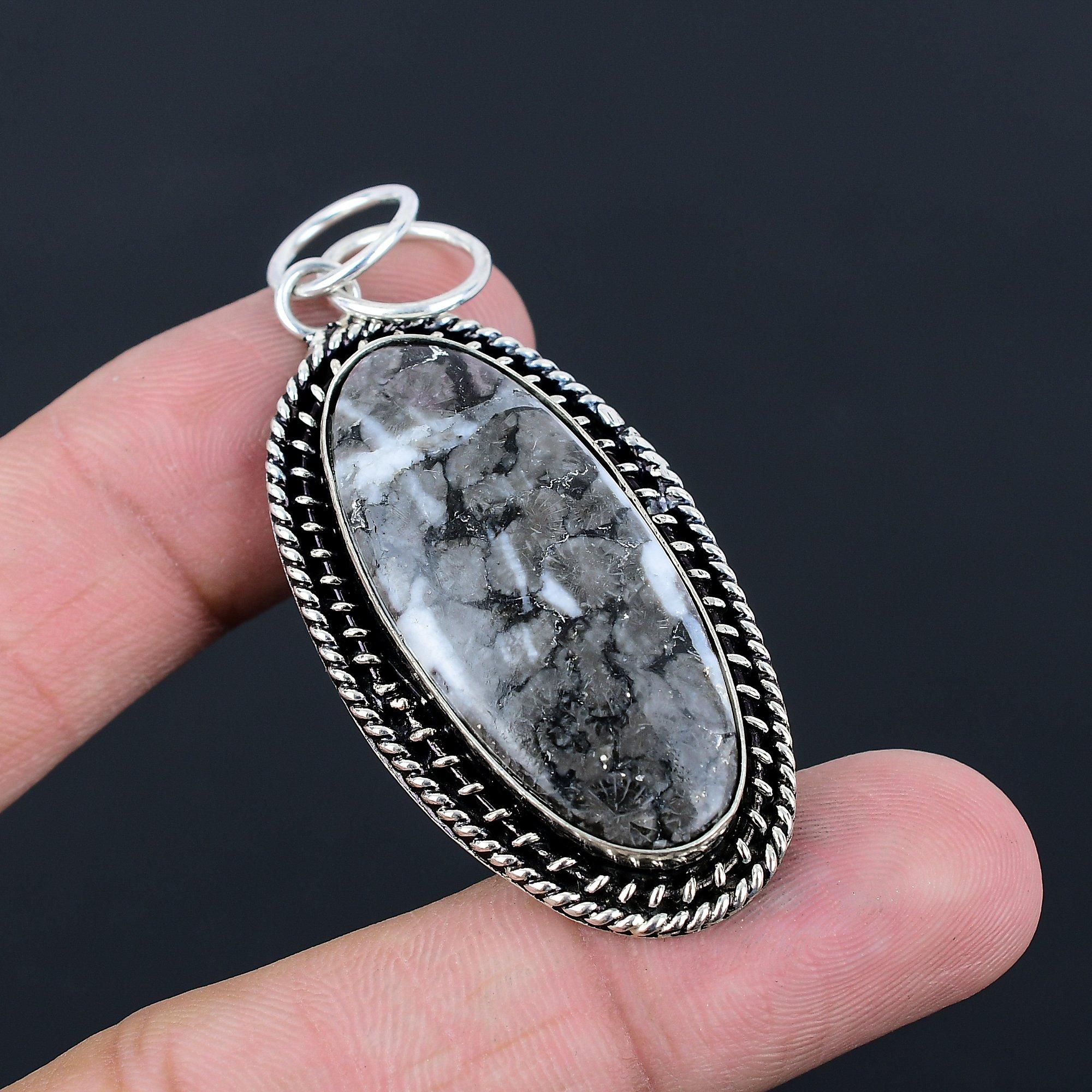 Oval Natural Black Fossil Coral Sterling Silver Bezel Wife Boho Pendant Jewelry