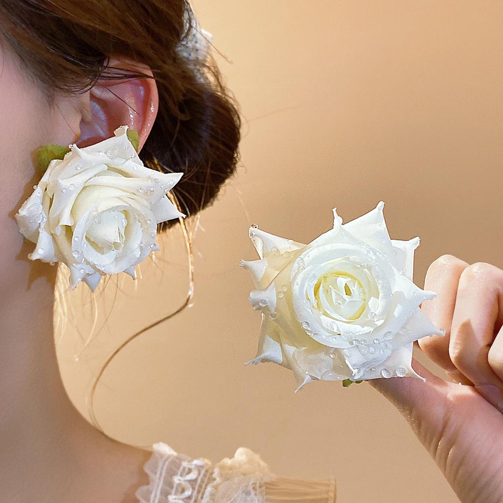 Silver Needle Fabric Flower Stud Earrings Beach Vacation Style