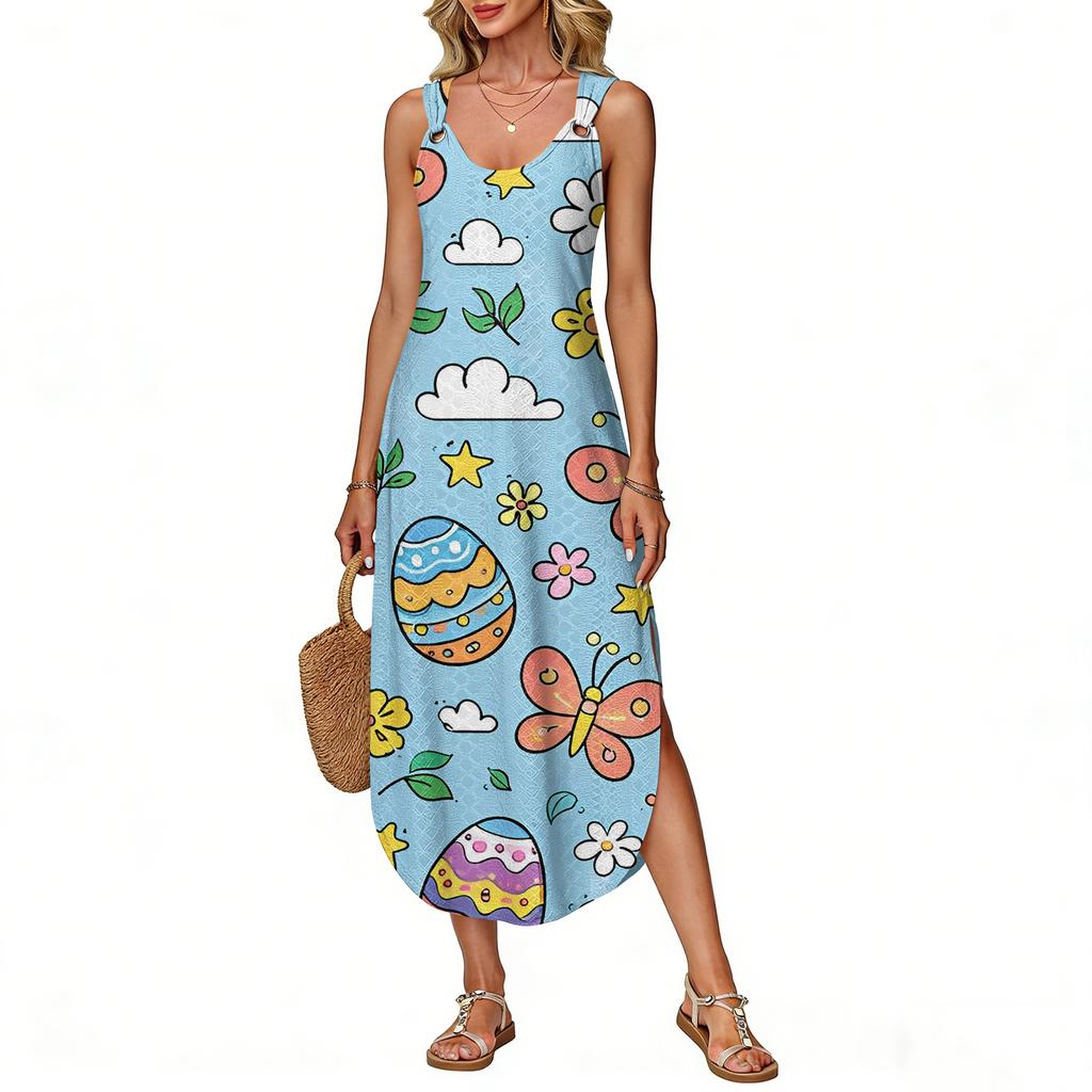 Robe d'été longue pour femme, sans manches avec fente latérale, longue robe débardeur imprimée pour Pâques