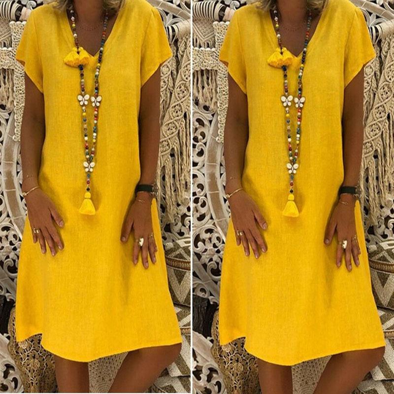 Stylish Summer Women's Short Sleeves V-neck Tunic Midi Dress For Plus Size Fashion