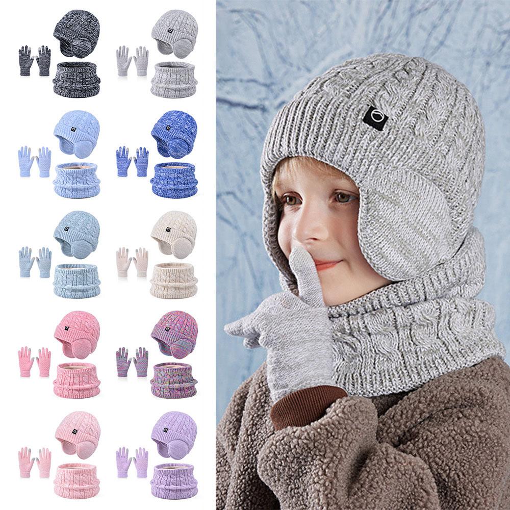 Warm Children's Hat Neck Scarf Gloves Set Fleece Lined Touchscreen Gloves for Boys and Girls