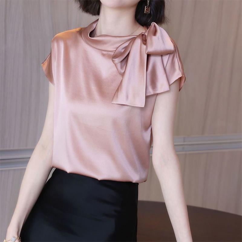 Office Lady Elegant Fashion Bow Satin T-shirt Female Short Sleeve Solid All-match Pullover Tee Women's Temperament Summer Tops