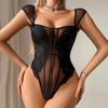 Women's Sexy Crotch Open Bodysuit Lace Trim Sheer Shaping Bodysuit Wire-Free Push-Up Slim Fit Bodysuit
