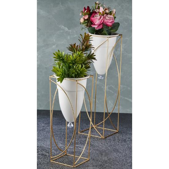 Metal 2-Piece Gold-Legged Decorative White Flowerpot