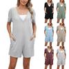 Women's Front And Back Solid Color V-Neck Loose Pocket Short Sleeve Jumpsuit Beach Pants