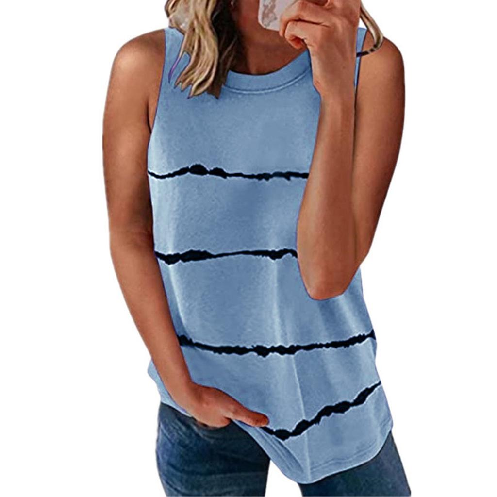 Fashion Women's Loose Sleeveless T-shirt Round Neck Striped Print Tops