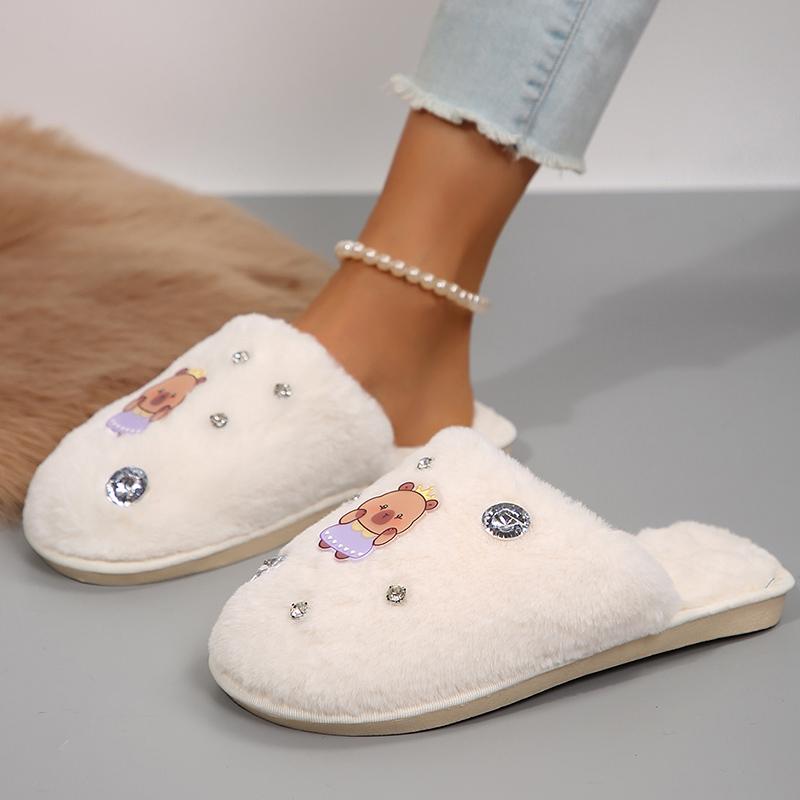 Fashion Cute Cartoon Pattern Plush Slippers Women Winter Warm Indoor Furry House Slippers Woman Rhinestone Decor Soft Cozy Home Slides