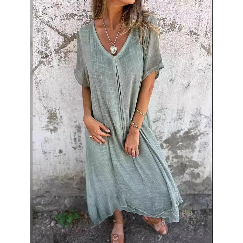 Short Sleeve V-neck Solid Color Dress Women's Short Sleeve V Neck Pure Color Dress