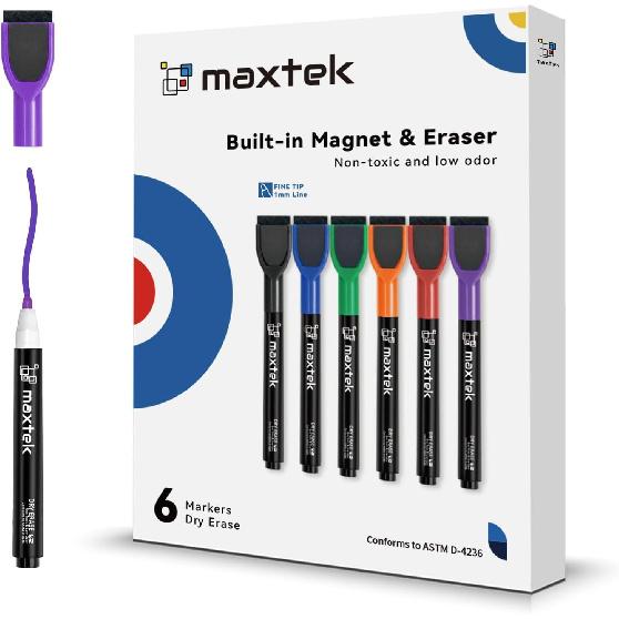 maxtek Magnetic Whiteboard Markers - 12 Count Colorful Fine Tip Dry Erase Markers with Eraser for Kids, Low Odor Thin Markers for Calendar Boards
