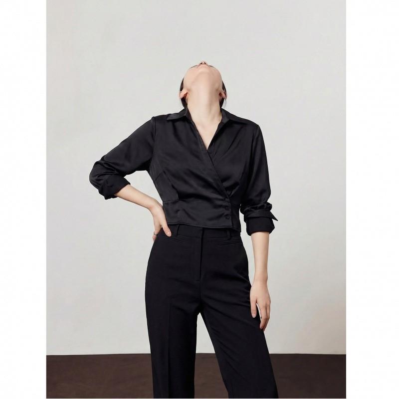 Womens Slim Fit Short Long Sleeve Shirt White Casual Office Blouse 2026 Elegant Pure Color Top