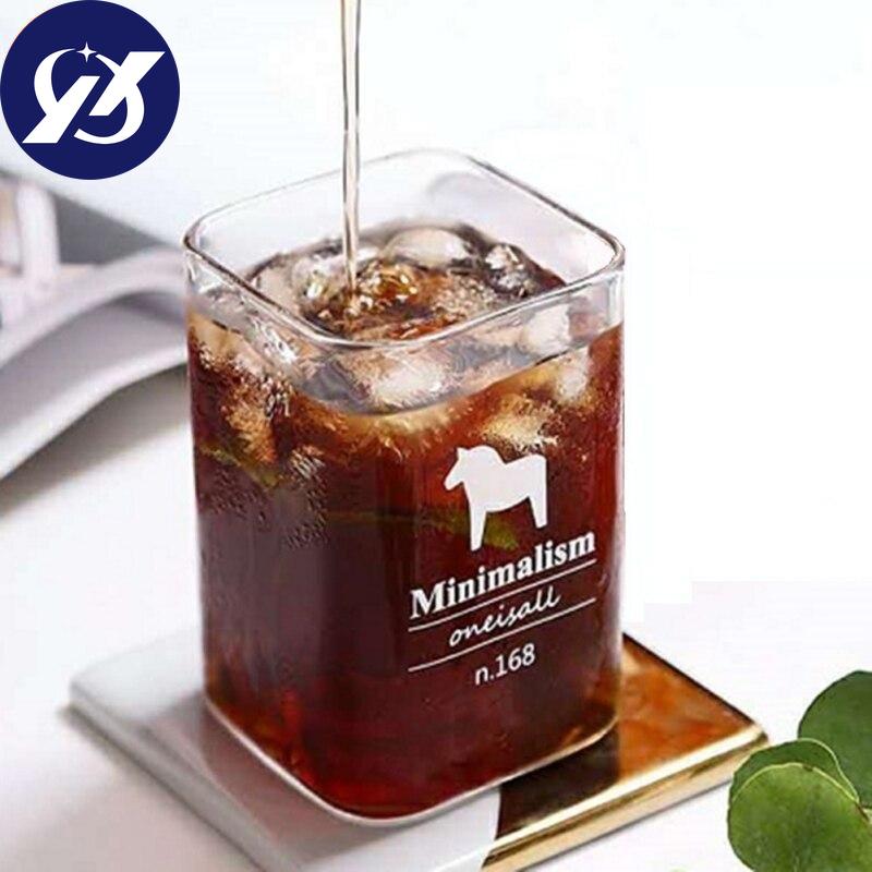 Creative Square Glass Mug Letter Printing Breakfast Milk Coffee Cup Crystal Transparent Heat-Resistant Drinkware Gift