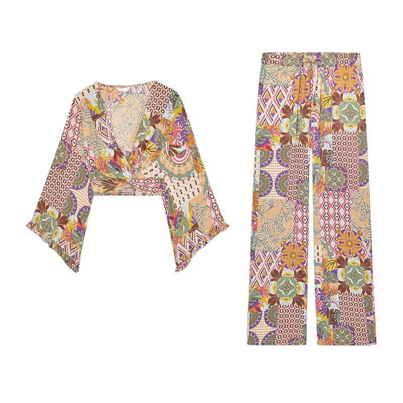 Holiday Style Print Long Sleeve V-neck Top 2880210 Print Loose High Waist Casual Trousers 2883210