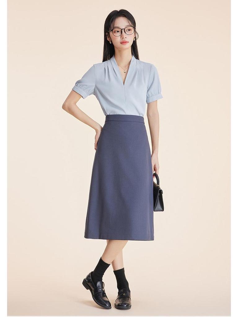 Women's Professional Short Sleeve V-Neck Satin Blouse - Iron-Free, Wrinkle-Resistant, Blue.