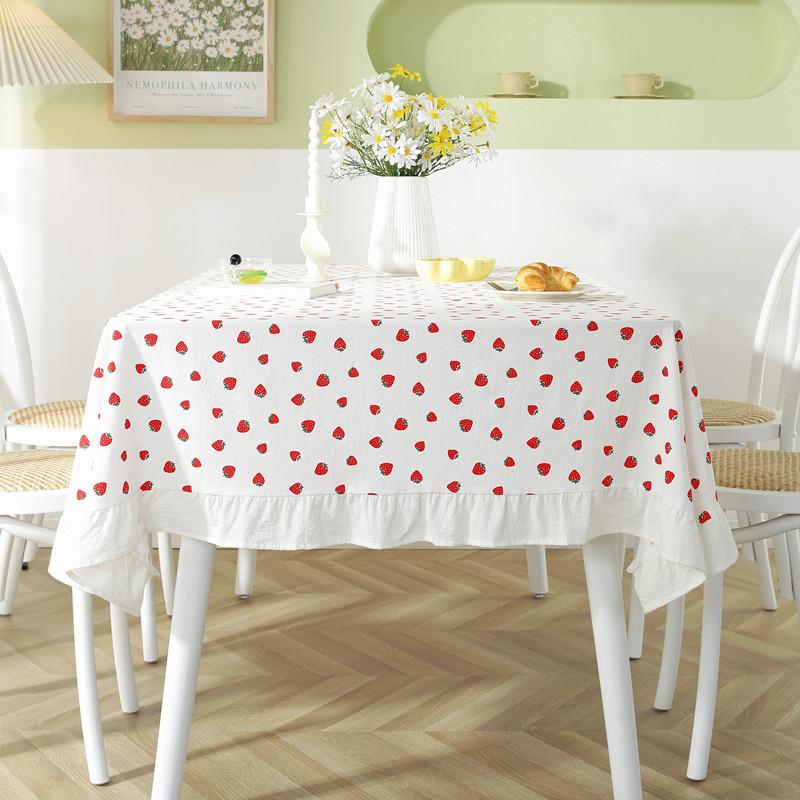 Small Fresh Cotton Printed Strawberry Lotus Leaf Edge Fungus Edge White Ball Coffee Table Tablecloth Dining Table Cloth Outdoor Picnic Decoration