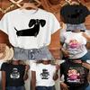 Cartoon Sausage Dog Printed Short Sleeved Tshirt for Couples Casual and Versatile Loose Fit Summer Street Fashion Retro Top
