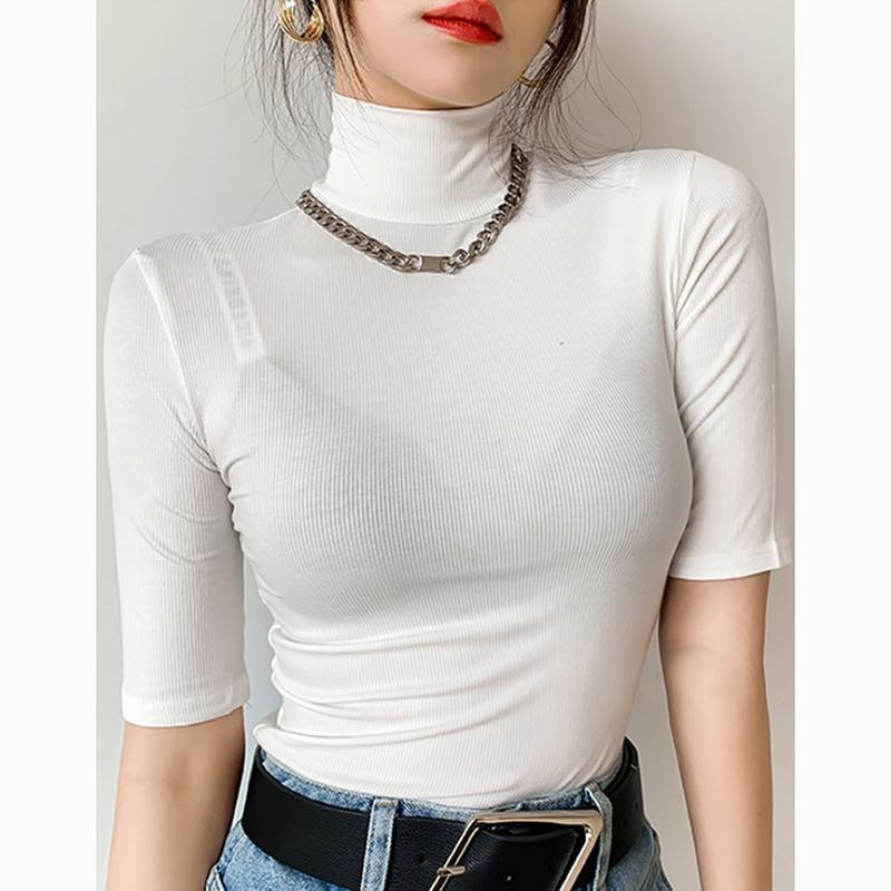 Fashion Short Sleeve Casual White T-shirt for Women Summer Half High Neck Slim Base T Shirt Female Casual Elegant Office Lady Tee Tops 24081