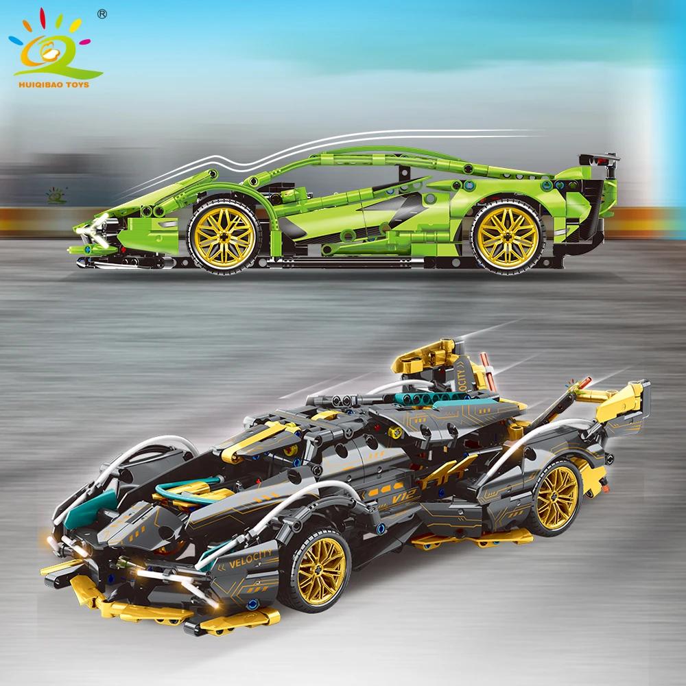 HUIQIBAO 1:14 Racerbiler Teknisk Modell Byggeklosser MOC LED-linje Klosser Utstillingsboks Barn Bykonstruksjonsleke Gutt Spill