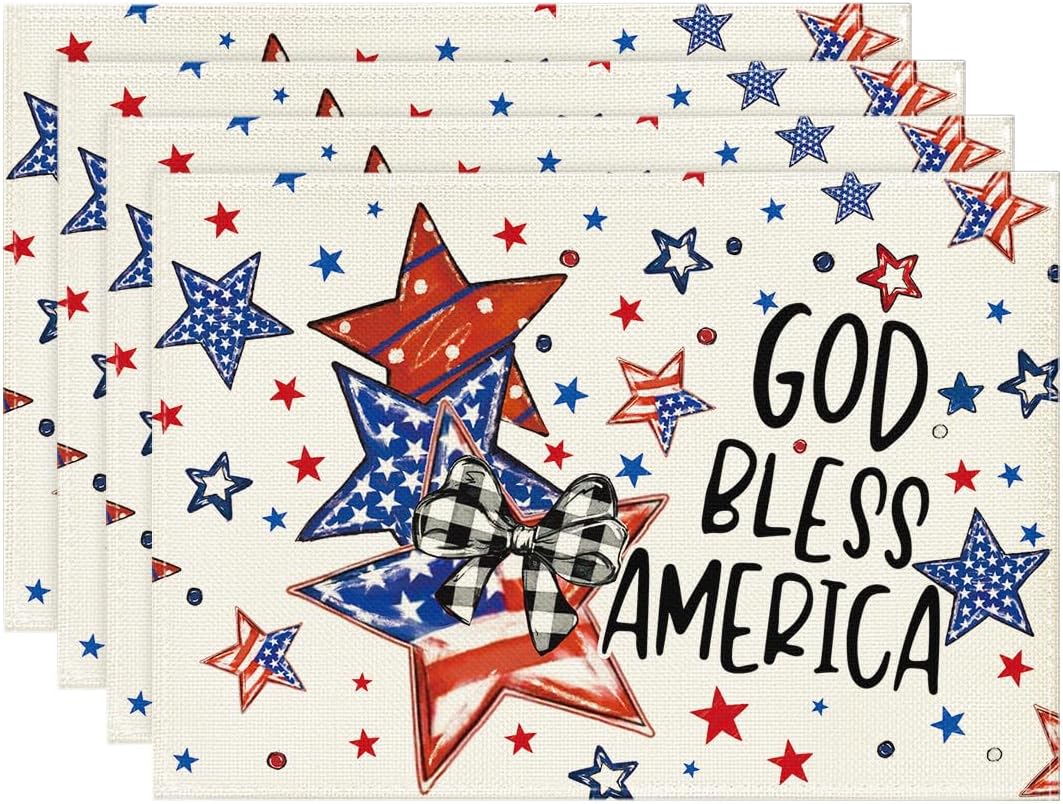 God Bless America Stars Patriotic 4th of July Placemats Set of 4, 12x18 Inch Memorial Day Table Mats for Dining Decoration 4Pcs