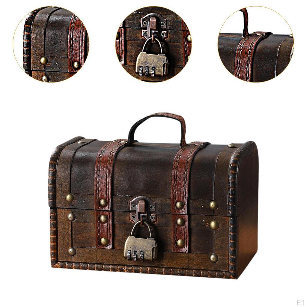 Wooden Jewelry Box Organizer Trinket Storage with Lid Treasure Chest Case Combination Lock for