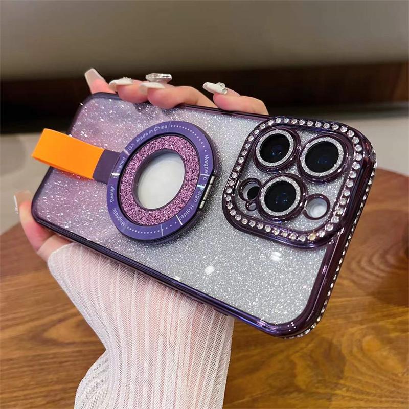 Luxury Diamond Magsafe Holde Glitter Hollow Logo Case for iPhone 16 15 Pro Max 14 Plus 13 12 11 Pro Shockproof Clear Cover
