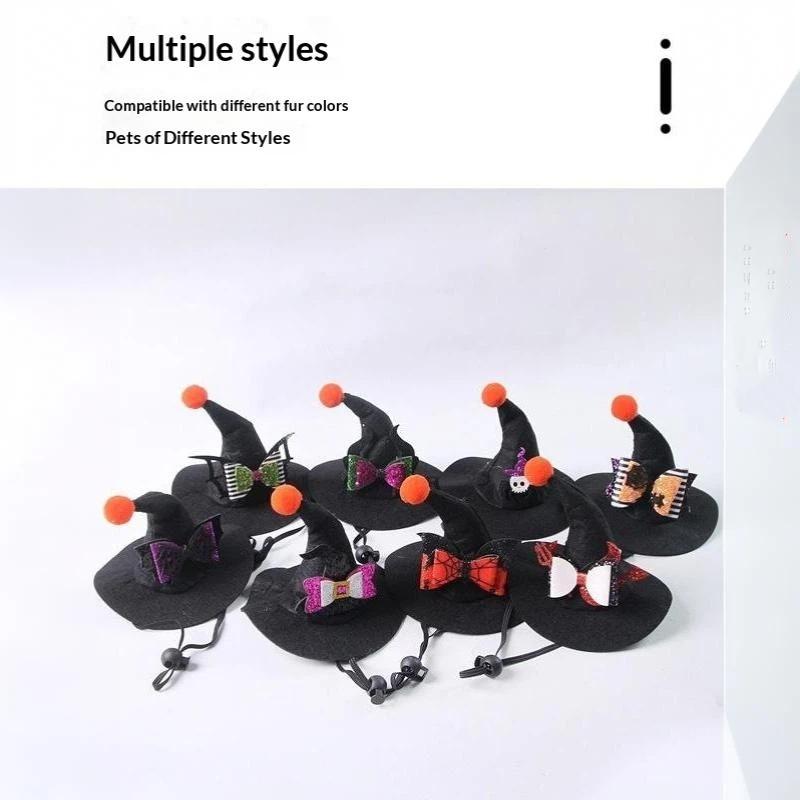 Halloween Witch Hat For Cats Dogs Adjustable Pet Wizard Costume Cap Bow Skull Wizard Hat Cat Dog Costume Headwear Party Decor