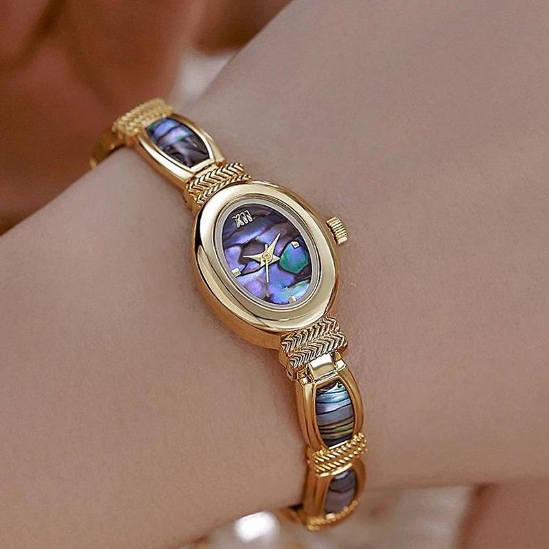 Women Shells Bracelet Watches Oval Dial Clock Quartz Wristwatch