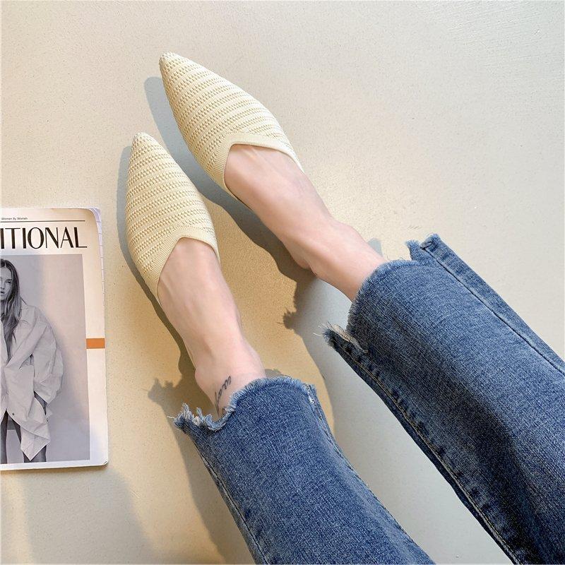 Baotou low heel wear sandals women 2025 spring new flying woven versatile flat heel lazy shoes pointed muller half slippers