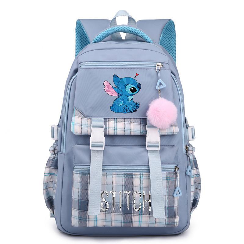 Cute Girl Backpack For School With Stitch Print And Checkered Patchwork Design For Middle School Students