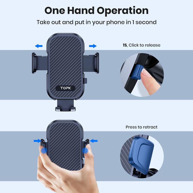 TOPK Car Phone Holder Stand, Extended Arm 3-Point Support Extendable Metal Hook Superior Stability Cell Phone Mount for Car Vent