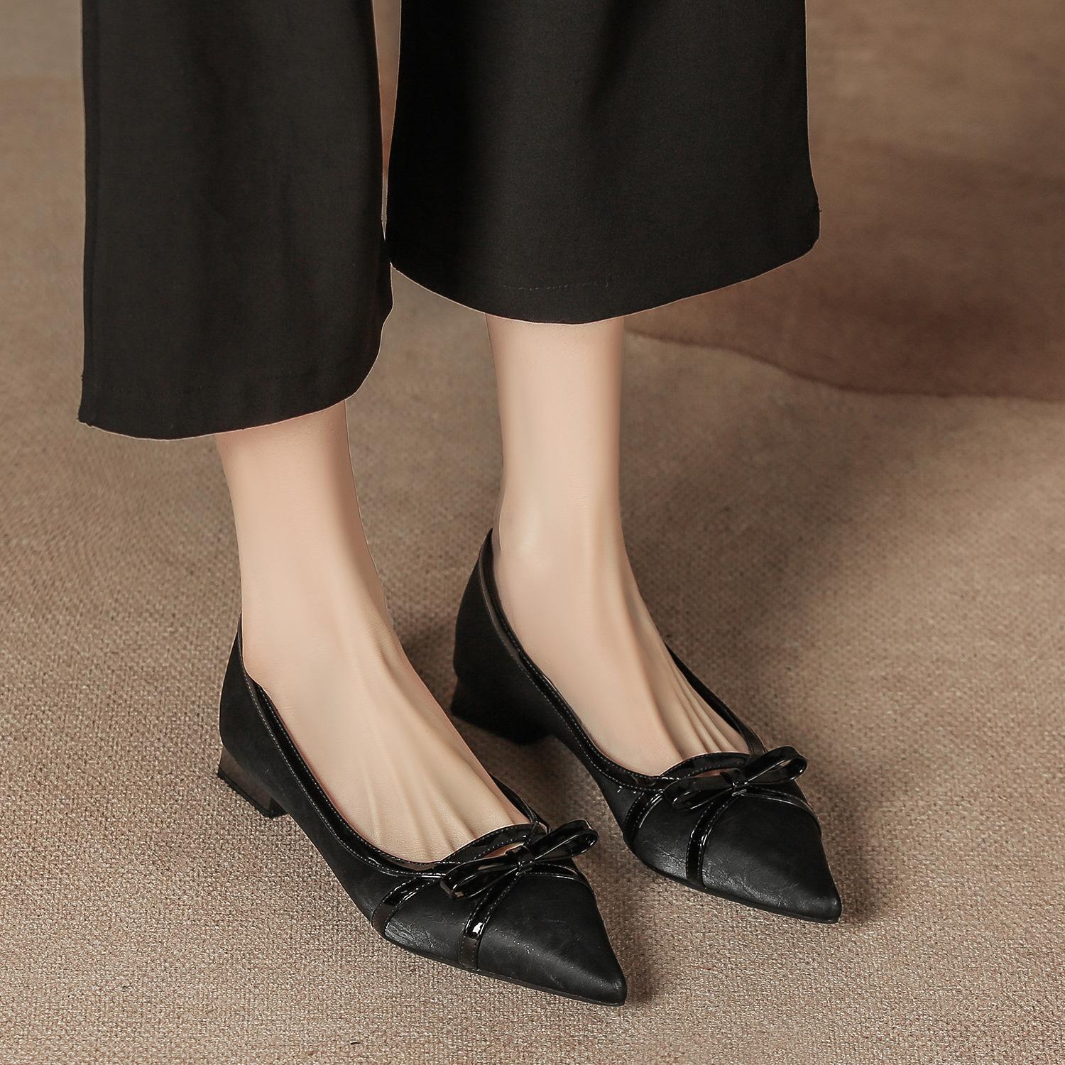 

H375-6 bow single shoes women s pointed head low heel light mouth black high heels soft sole commuter thick heel fashion shoes 34