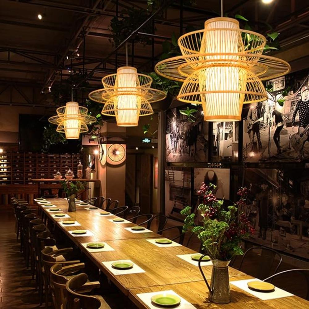 40/50CM E27 Base Handmade Bamboo Wooden Decor Chandelier Lights Pastoral Retro Pendant Lights for Restaurant Kitchen Bedroom Bar