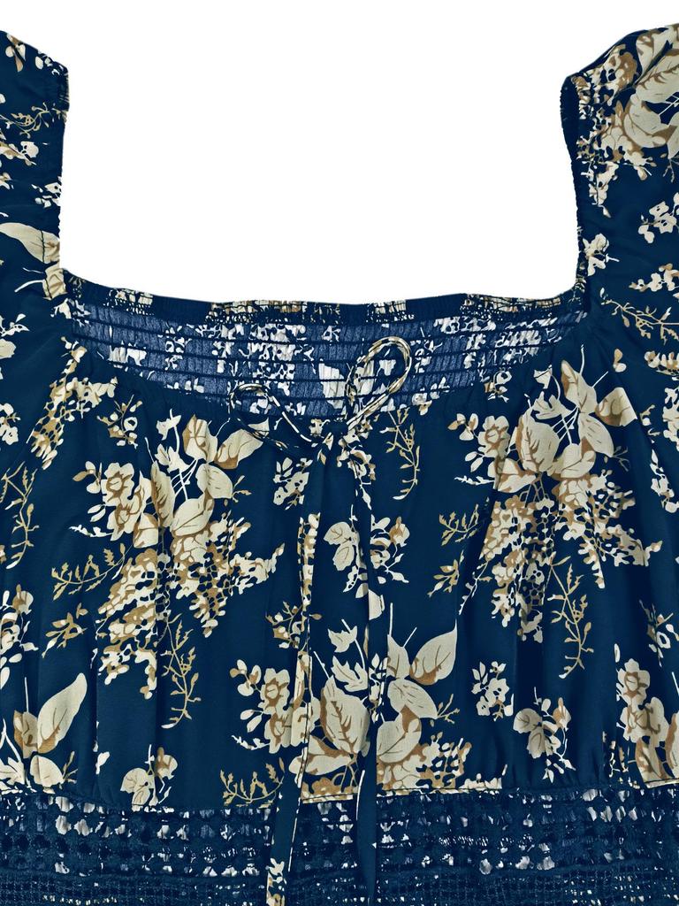 2025 Vintage-Druck Quadratischer Ausschnitt Übergröße Kurzarmkleid